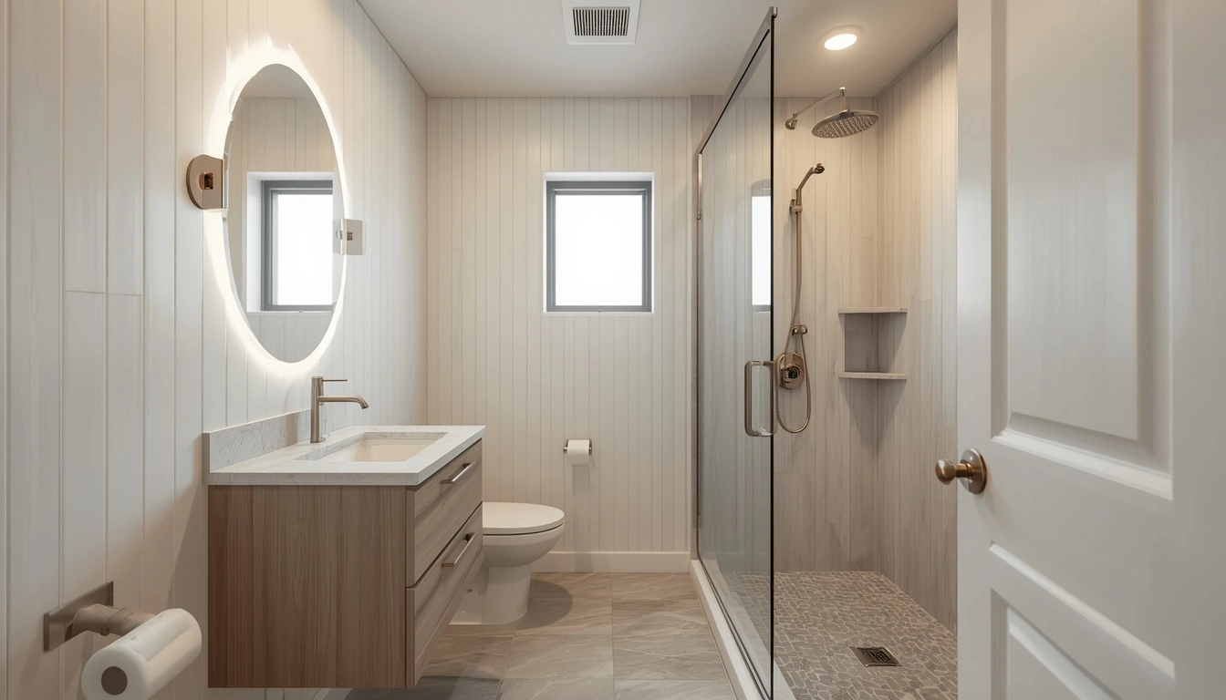 Large format tile for small bathroom visual continuity Tampa