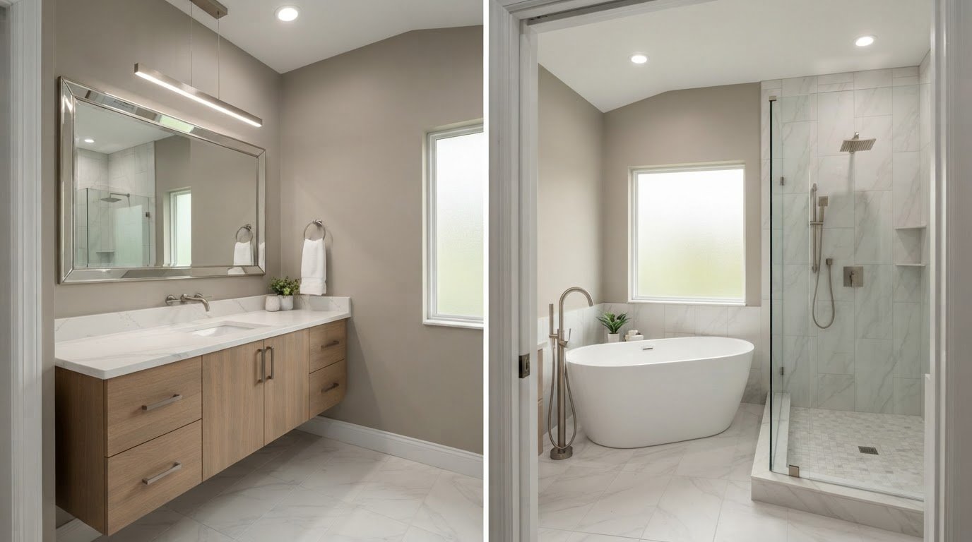 Bathroom after Renov8 Plus renovation - freestanding tub, custom tile